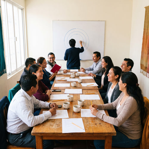 Grupo de empresarios en clase presencial mientras el facilitador dibuja los tres círculos del mercado